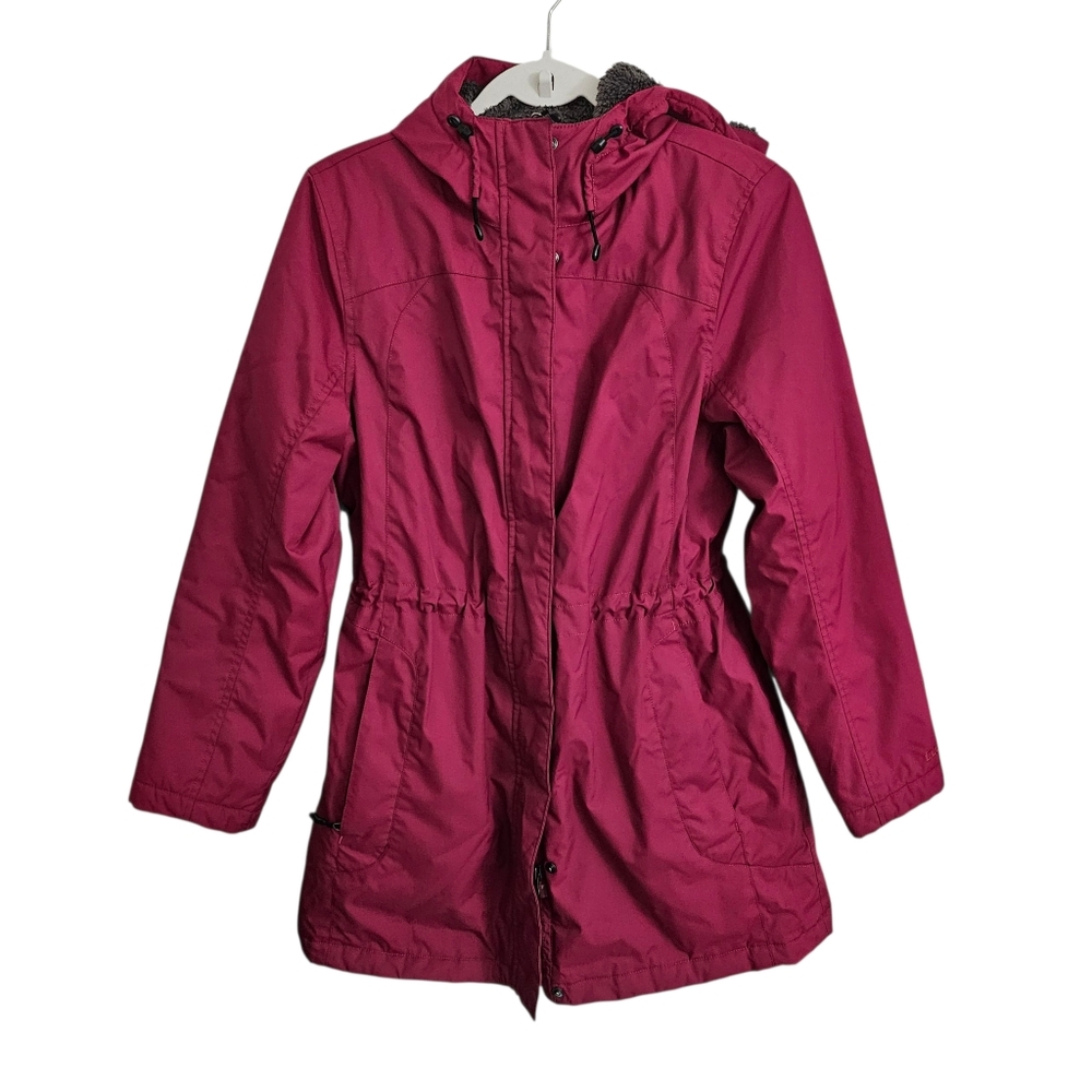LL Bean Winter Warmer Coat Womens Small Petite Burgundy Fleece Lined Jacket Hood